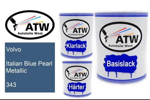 Volvo, Italian Blue Pearl Metallic, 343: 1L Lackdose + 1L Klarlack + 500ml Härter - Set, von ATW Autoteile West.